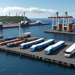 **A modern harbor scene filled with hydrogen-powered trucks and ships, showcasing a clean and quiet transportation hub.** (Focuses on the future of transport with hydrogen.)