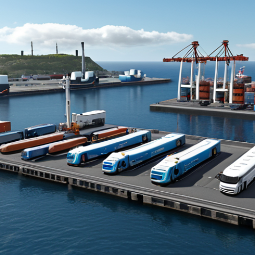 Home 11 **A modern harbor scene filled with hydrogen-powered trucks and ships, showcasing a clean and quiet transportation hub.** (Focuses on the future of transport with hydrogen.)