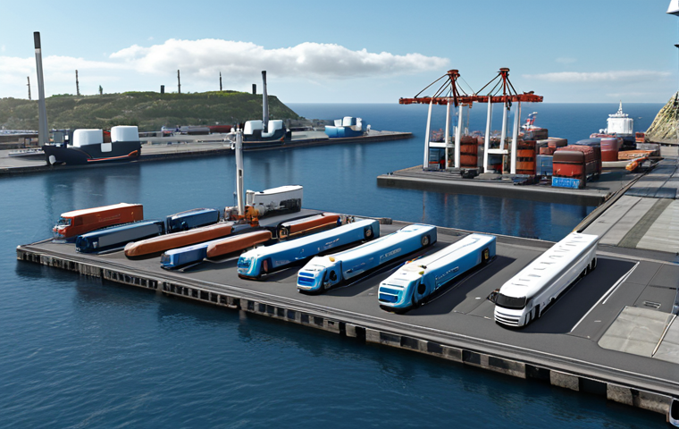 **A modern harbor scene filled with hydrogen-powered trucks and ships, showcasing a clean and quiet transportation hub.** (Focuses on the future of transport with hydrogen.)